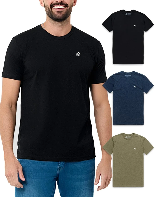 INTO The AM Mens Adult T Shirt with Logo - Short Sleeve Crew Neck Soft Fitted Tees S - 4XL Fresh Classic Basic Tshirts, 3-Pack Black, Navy, and Olive Green, XL