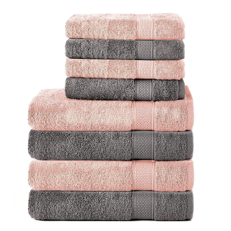 Komfortec Set of 8 Hand Towels 100% Cotton, 4 Bath Towels 70 x 140 cm and 4 Hand Towels 50 x 100 cm, Terry Clothing, Soft, Towel, Large, Anthracite Grey/Flower Pink