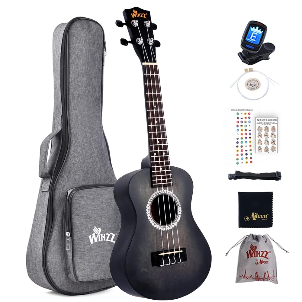 Winzz Ukulele Concert 23 Inches Black, Ukulele Beginner Kit for Adults and Children, Unique Color Design
