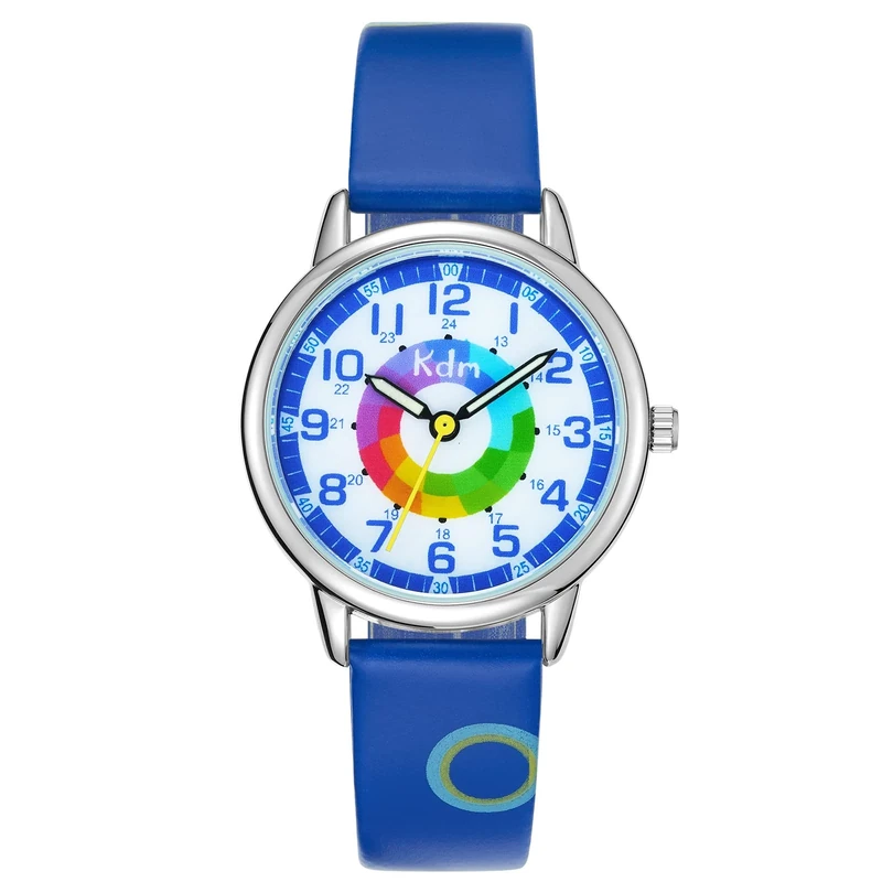 KDM Kids Watches for Girls Ages 5-7 Waterproof Learning Time Girls Watch Leather Analogue Quartz Blue Children's Day Birthdays Gifts