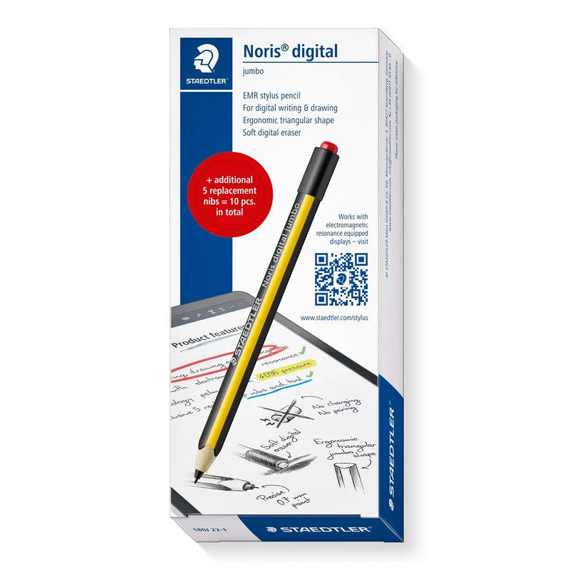 STAEDTLER Noris digital jumbo 180J 22, EMR stylus set, 1 stylus with digital eraser, for digital writing, drawing, and erasing on EMR touchscreens + 5 additional replacement tips, 180J 22-1X