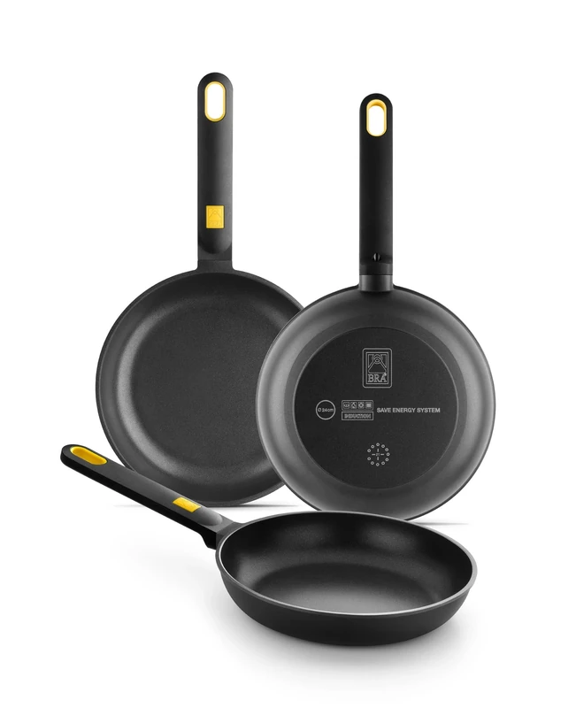 BRA Daily Pro - Set of 3 Cast Aluminum Pans 20-24-28 cm Non-Stick Tri-Layer PFOA Free, Suitable for All Cooktops and Induction, Black and Yellow