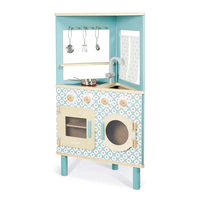 Janod - Trio Wooden Kitchen - Compact 3-Sided Kitchen - Pretend Play Kitchen & Tea Set Toy - Retro Style - 5 Metal Utensils Included - Water-Based Paints - 3 Years +, J06546 - Image 1