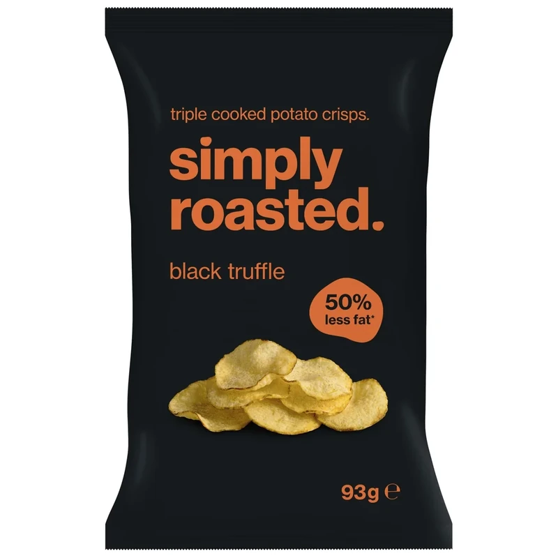 Simply Roasted - Black Truffle Crisps | 12 x 93g Sharer Bags | Earthy & Luxurious | 50% Less Fat | Under 99 Cals Per Serve | Triple Cooked for the Ultimate Crunch | Gluten & Allergen-Free