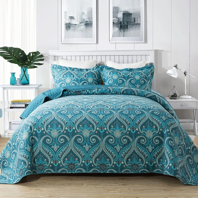 NEWLAKE Cotton Bedspread Quilt Sets-Reversible Patchwork Coverlet Set, Turquoise Classic Royal Pattern, King Size