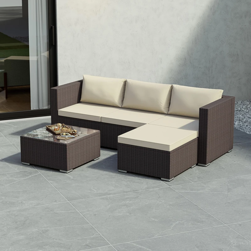 Garden Vida Hampton 4 Seater Corner Rattan Seating Set – Brown – Complete Outdoor Garden Furniture Set – Steel Frame & PE Wicker Construction – UKFR Certified, Weather Resistant, With Cushions