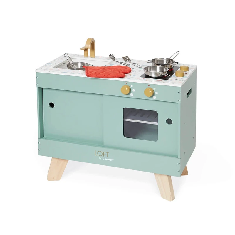 Janod - Loft Wooden Kitchen - Pretend Play Kitchen and Tea Set Toy - Vintage & Contemporary Style - 7 Metal Utensils & a Fabric Glove - Water-Based Paints - 3 Years +, J06556