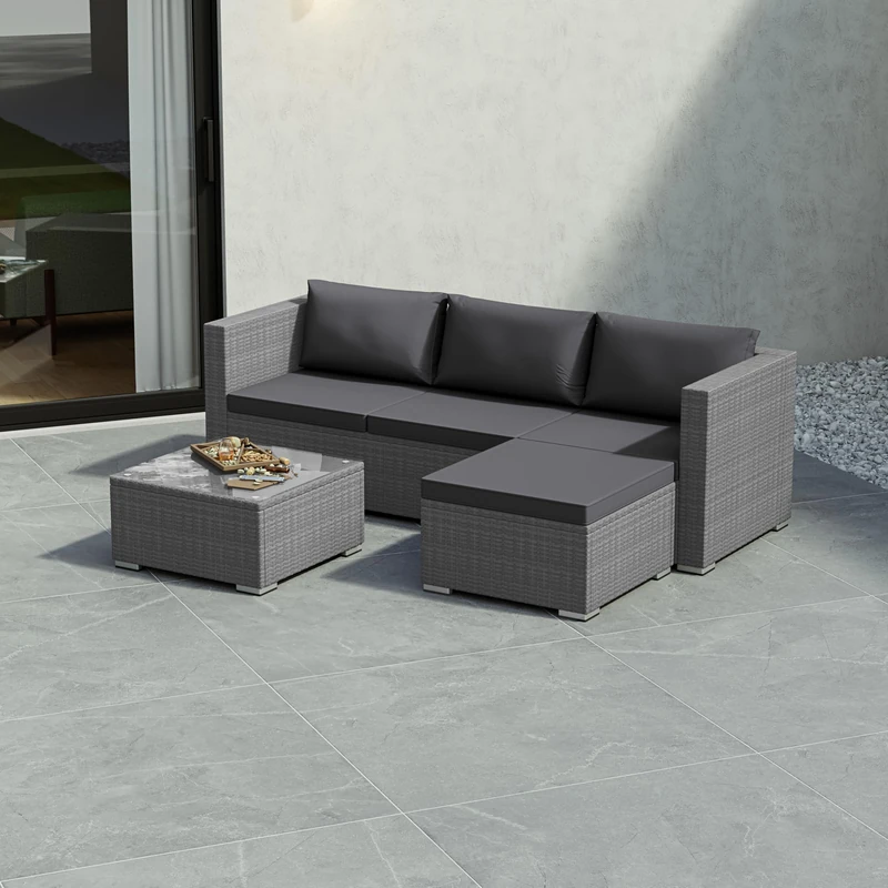 Garden Vida Hampton 4 Seater Corner Rattan Seating Set – Grey – Complete Outdoor Garden Furniture Set – Steel Frame & PE Wicker Construction – UKFR Certified, Weather Resistant, With Cushions