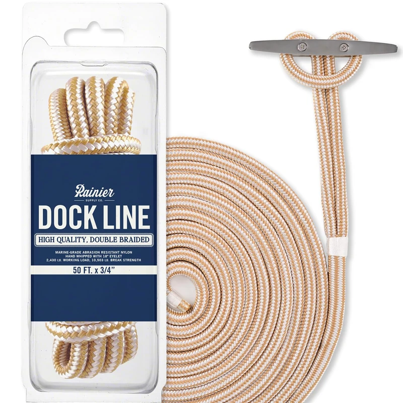 Dock Line - 50' x 3/4" Premium Double Braided Nylon Boat Dock Lines/Mooring Lines with 12" Eyelet - Boat Rope - White/Gold - Rainier Supply Co