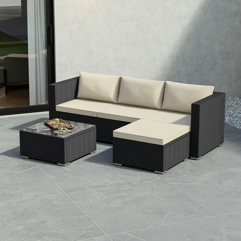 Garden Vida Hampton 4 Seater Corner Rattan Seating Set – Black – Complete Outdoor Garden Furniture Set – Steel Frame & PE Wicker Construction – UKFR Certified, Weather Resistant, With Cushions