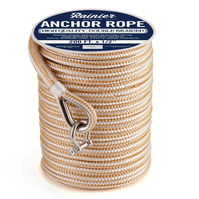 Rainier Supply Co. Boat Anchor Line - 200 ft x 1/2 inch Anchor Rope - Double Braided Nylon Anchor Boat Rope with 316SS Thimble and Heavy Duty Marine Grade Snap Hook - White/Gold
