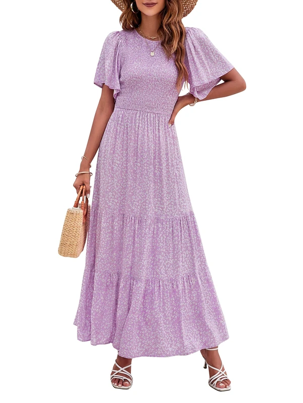 ZESICA Women's 2023 Summer Casual Floral Print Short Flutter Sleeve Crew Neck Smocked High Waist Flowy Maxi Dress, Purple, M