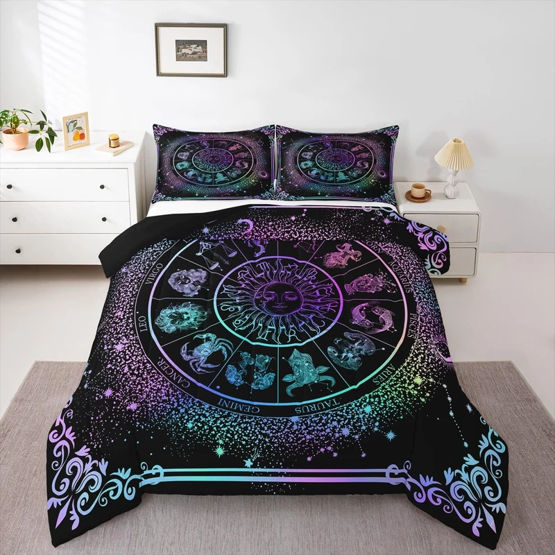 Sun and Moon Comforter Set Zodiac Signs Astrology Bedding Set Queen Constellations Galaxy Down Comforter Spiritual Gifts for Girls Teens Women,Trippy Leo Aquarius Quilt Duvet Set Purple Blue 3 Pcs