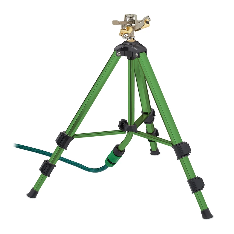 Relaxdays Sprinkler on Telescopic Tripod Stand, Spray Range up to 9 m, 360°, Impact, Metal, Green/Black - Image 1