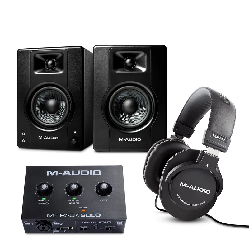 M-Audio Studio Bundle - USB Audio Interface, 3.5" Studio Monitors Pair and Over Ear Studio Headphones for Recording, Gaming, Streaming, Podcasting