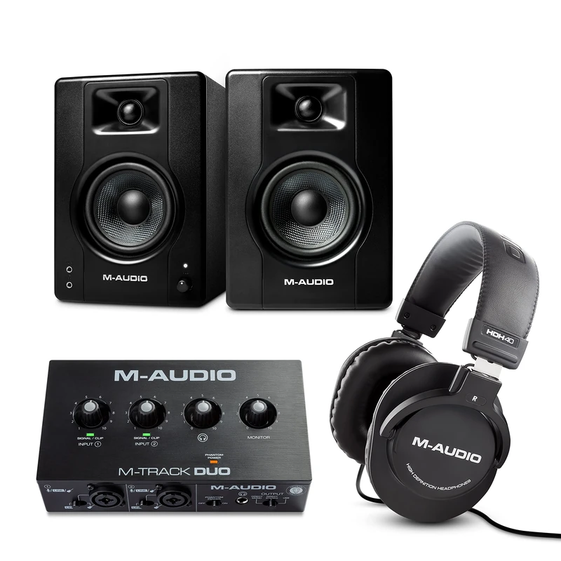 M-Audio Bundle - USB Audio Interface, 4.5" Studio Monitor Speakers and Over Ear Headphones for Recording, Gaming, Streaming, Podcasting