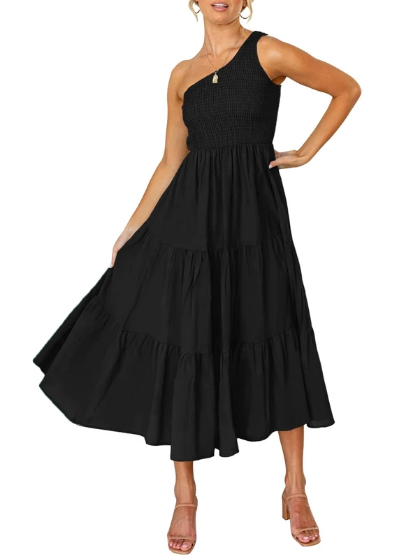 ZESICA Women's 2024 Bohemian Summer Floral Print One Shoulder Sleeveless Smocked Ruffle Tiered Beach Long Midi Dress, Black, L