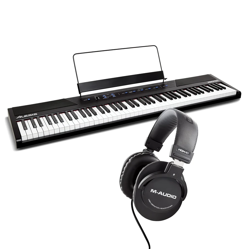 Alesis Recital + M-Audio HDH40 – 88 Key Digital Piano Keyboard with Semi Weighted Keys, Piano Lessons and Over Ear Headphones for Silent Practice