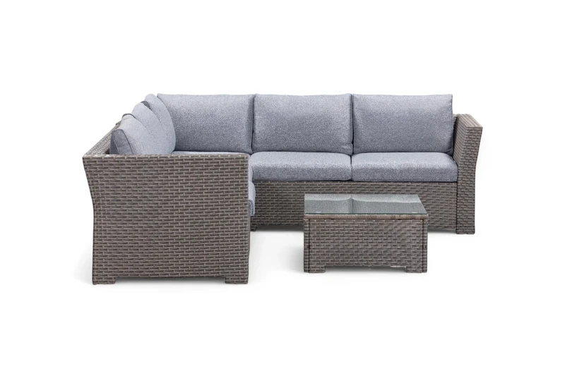Chesterton Grey Rattan Corner Outdoor Patio Sofa Set with Cushions and Glass Table