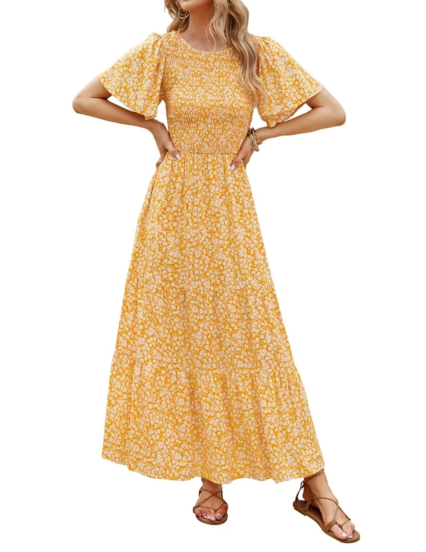 ZESICA Women's 2025 Summer Casual Floral Print Short Flutter Sleeve Crew Neck Smocked High Waist Flowy Maxi Dress, Yellow, S