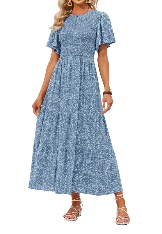 ZESICA Women's 2024 Summer Casual Floral Print Short Flutter Sleeve Crew Neck Smocked High Waist Flowy Maxi Dress, Blue, S