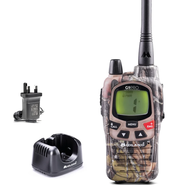 Midland - Walkie Talkie G9 Pro with UK Plug, Dual Band 36 PMR446 Channels & 69 LPD, 2 Way Radio with 4 Rechargeable Batteries - Belt Clip, IPX4 Waterproof, UKCA Certified, Survival Equipment