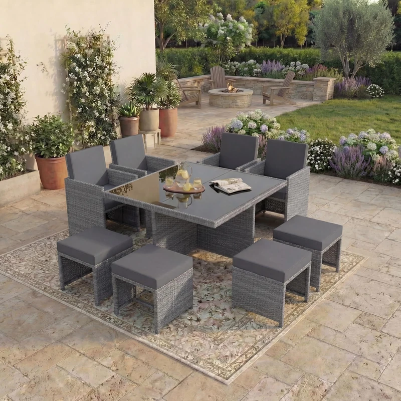 Garden Vida Cuba 8 Seater Rattan Set | Grey | Complete Outdoor Garden Patio Dining Table Set | Steel Frame & PE Wicker | UKFR Certified | Weather Resistant, Tempered Glass, With Cushions