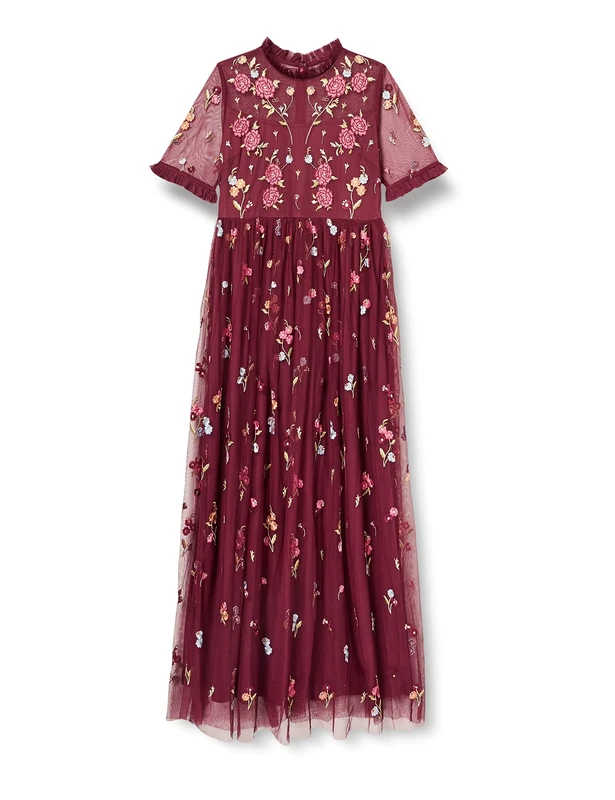 Frock and Frill Women's Floral Embroidered Dress Special Occasion, Dark Cherry, 10