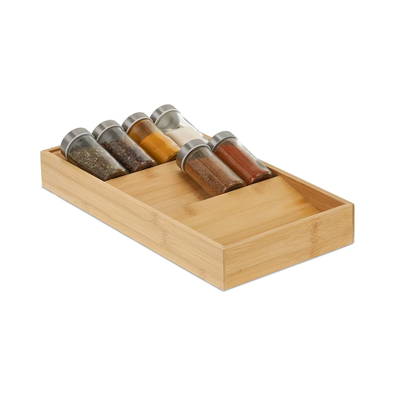Relaxdays Spice Rack, Drawer, H x W x D: 5 x 20 x 38 cm, 3 Shelves, Bamboo, Natural