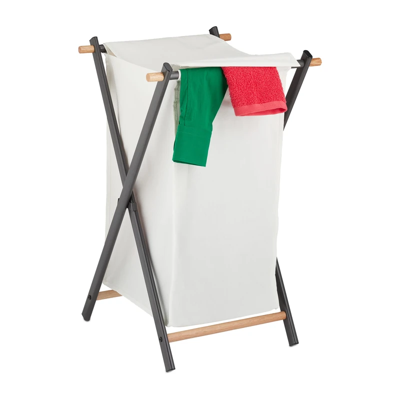 Relaxdays Laundry Basket, Folding, Washing Hamper with Lid, Steel & Fabric, 50 Litres, 71 x 45 x 42 cm, Cream/Anthracite, Wood