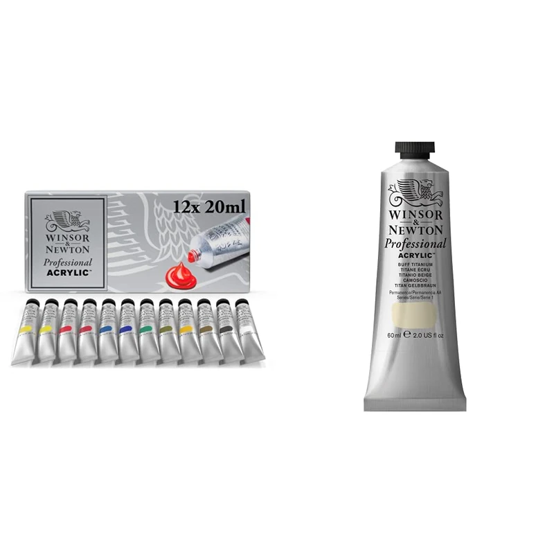 Winsor and Newton 2390402 Artists Acrylic Paint Starter (12 x 20 ml) & 2320060 60 ml Professional Acrylic Colour - Buff Titanium