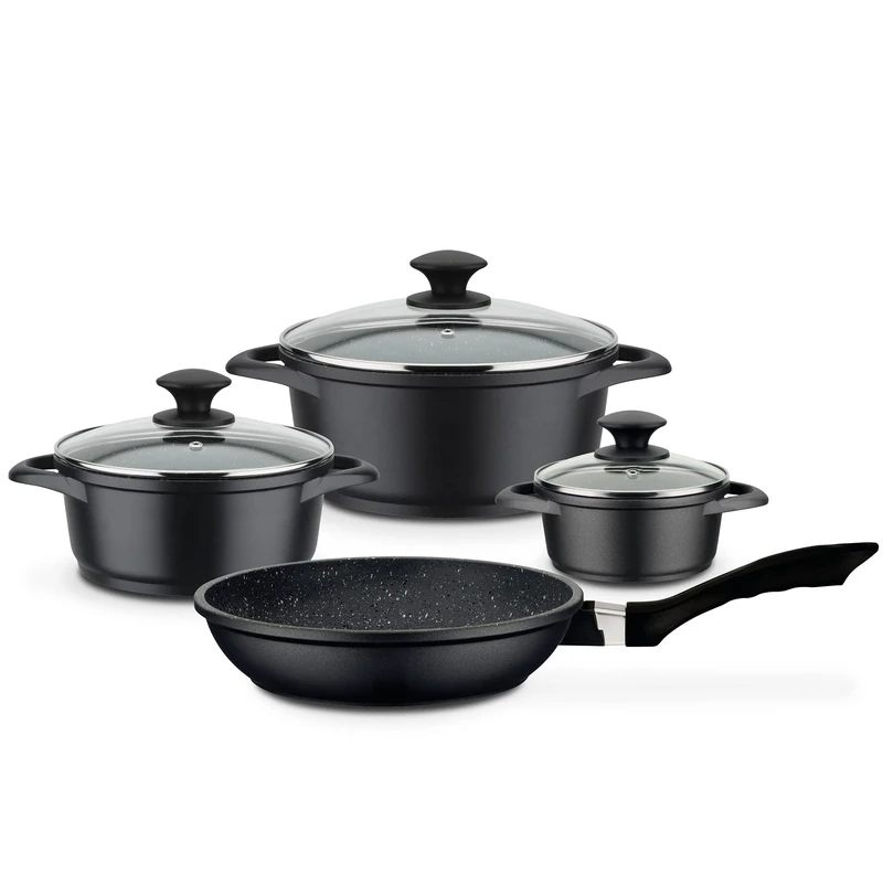 GSW Gourmet Granite Saucepan Set of 7, 9.4L Cast Aluminium, Multi-layer Non-stick Coating, Includes 3 Pots and 1 Frying Pan, Induction & Oven Safe, Dishwasher Safe