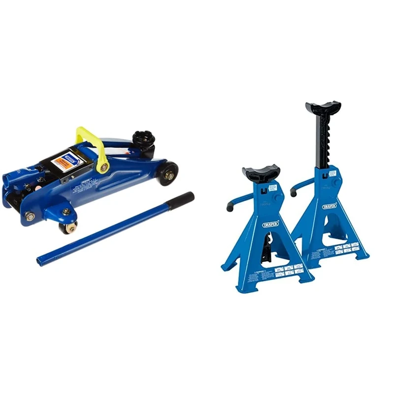 Draper 27634 2 Tonne Light Duty Trolley Jack, 440mm x 200mm x 140mm & 30878 Ratcheting Axle Stand, 2 Tonne Capacity, 36mm x 85mm Saddle, Pair