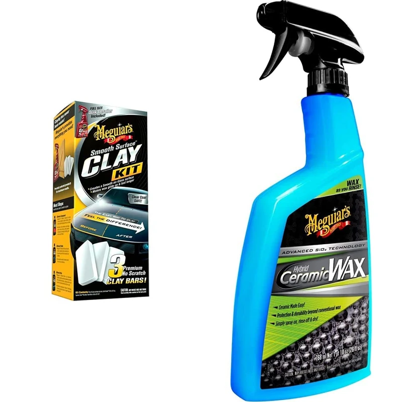 Meguiar's G191700EU Smooth Surface Clay Kit, to remove contaminants such as tree sap, tar, overspray and industrial fallout & G190526EU Hybrid Ceramic Spray Wax 768ml Advanced SiO2 Technology