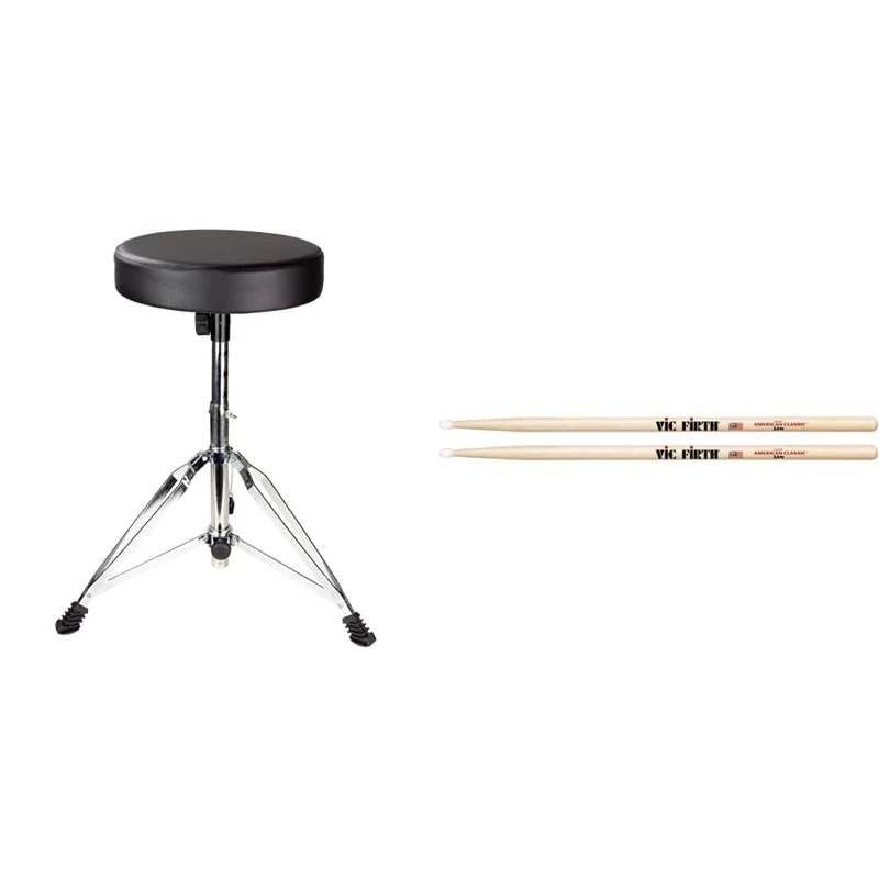 Rockjam DP-001 Adjustable Drum Stool Drum Throne with Padded Seat, Black, 35 x 30 x 10 cm & Vic FIrth - American Classic® Drumsticks 5AN - American Hickory - Nylon Tip