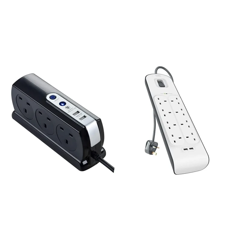 Masterplug SRGDSU62PB-MP Six Socket Switched Inline Power Surge Protected Extension Lead Gloss Black, 6.2 cm*8.7 cm*20.6 cm & Belkin BSV804 8 Way 2 m Surge Protection Extension Lead Strip White