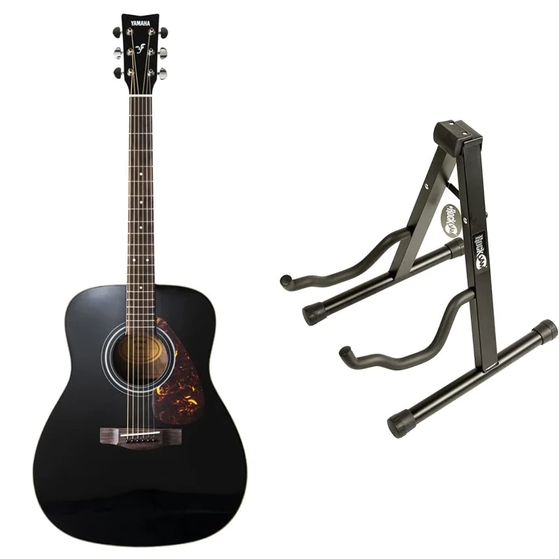 Yamaha F370 Full Size Steel String Acoustic Guitar - Traditional Western Body - Classic Black & RockJam RJGS01 Universal Portable A-frame Guitar Stand for Acoustic Guitar, Black