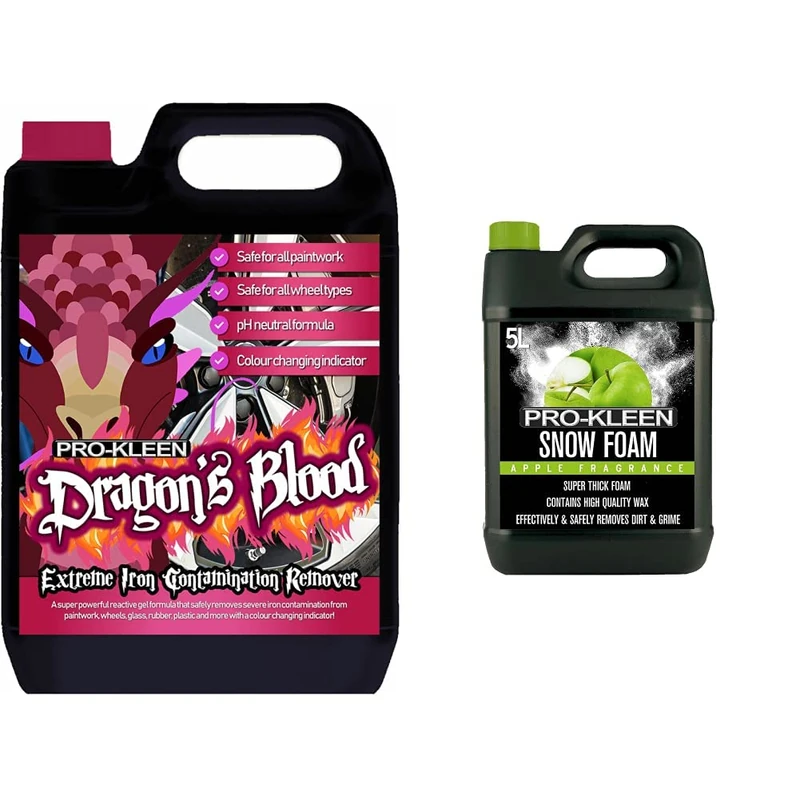 Pro-Kleen 5DB Dragon's Blood Iron Contamination Fallout Remover & 232813 Snow Foam pH Neutral, Super Thick and Non-Caustic – Easy to Use 5L (Apple Fragrance)