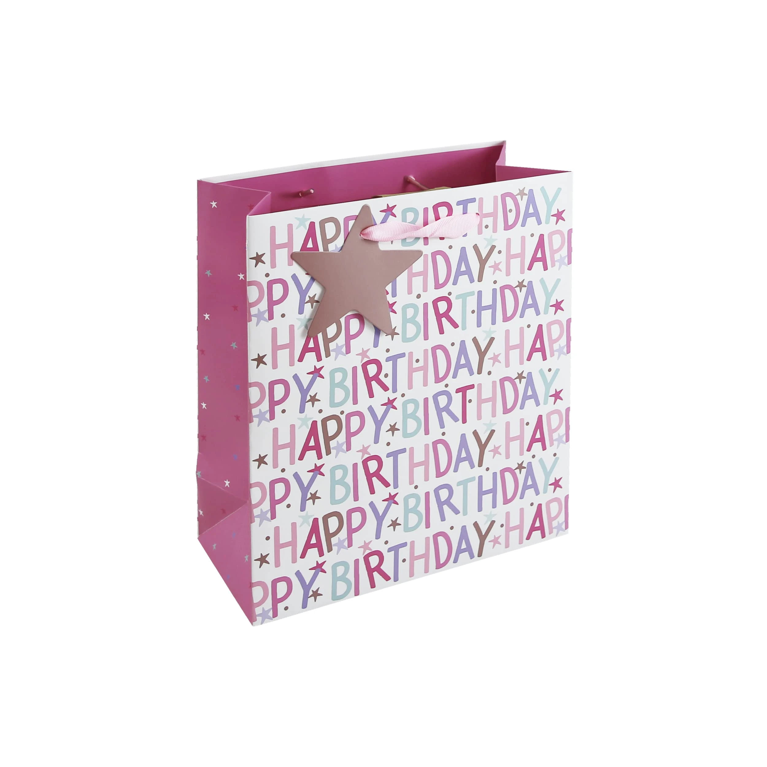 Eurowrap Happy Birthday Girl Pink Occasions Gift Bag with Star Tag Medium Size