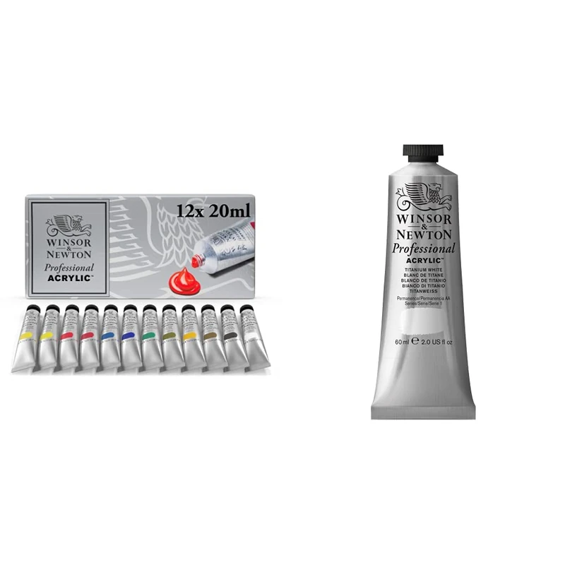 Winsor and Newton 2390402 Artists Acrylic Paint Starter (12 x 20 ml) & 2320644 60 ml Professional Acrylic Colour - Titanium White