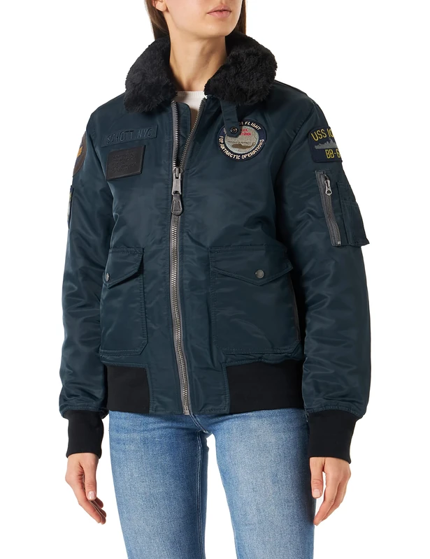 Schott NYC Oharavintrs Unisex Pilot Jacket with Badges and Removable Faux Fur Collar, navy blue, 3XL