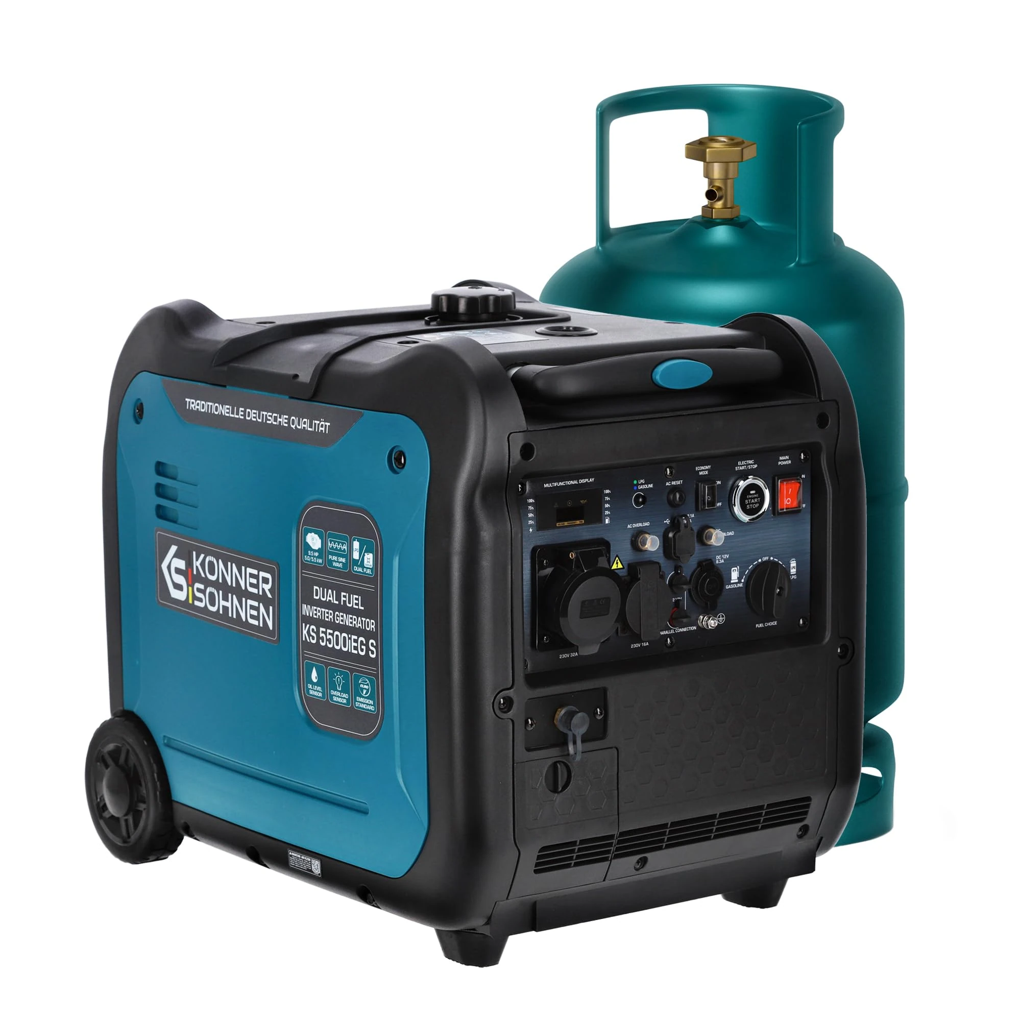 Könner & Söhnen KS 5500iEG S portable LPG/petrol inverter generator) Max.power 5500 W, UK Plug Sockets 1x13 A,1x32 A (230 V),2 USB ports,silent inverter generator, dual fuel generator