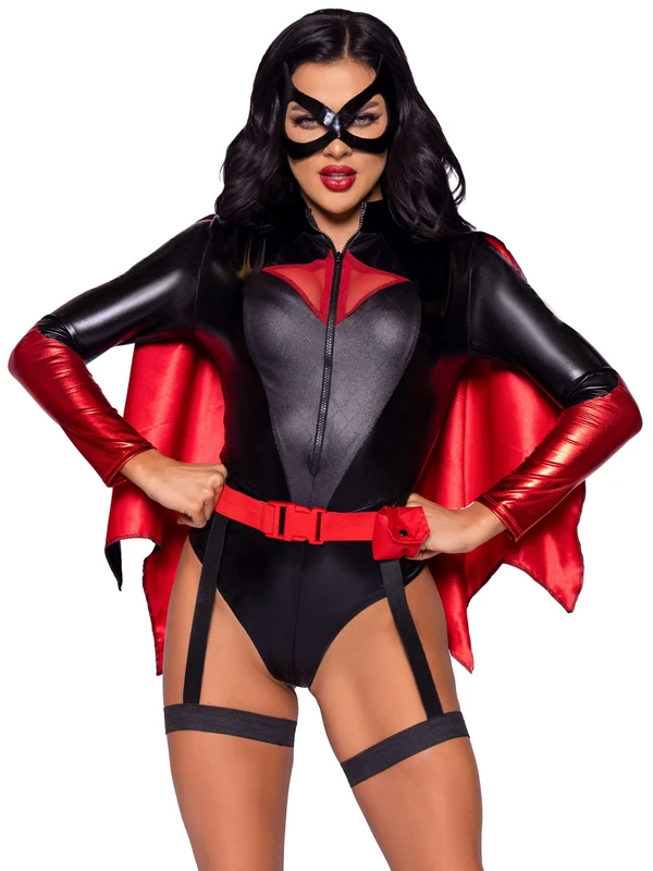 Leg Avenue 4 PC Vigilante Vixen, includes zip-up bodysuit, detachable cape, belt with attached garter, and eye mask. - Image 1