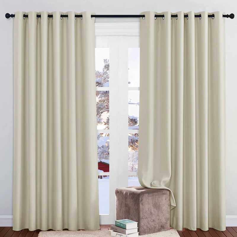 PONY DANCE Thermal Insulated Curtains Bedroom Energy Saving Privacy Protection Curtain with Eyelets Extra Wide Drapes for Living Room and Bedroom, Set of 2 for Hotel, Beige, 80 x 84 Inch