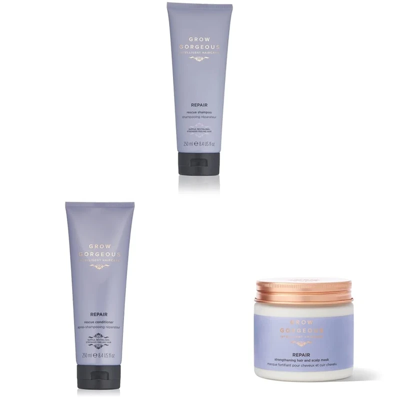 Grow Gorgeous Repair & Strengthen Hair Care Set - Shampoo, Conditioner & Hair Mask - Damaged Hair - 3 Count - Unscented