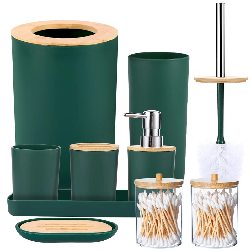 SLDIYWOW 9-Piece Dark Green Bathroom Accessories Set with Trash Can, Tray, Soap Dispenser, Toothbrush Holder, Toothbrush Cup, Soap Dish, Toilet Brush and Q-tip Holders for Bathroom/Housewarming