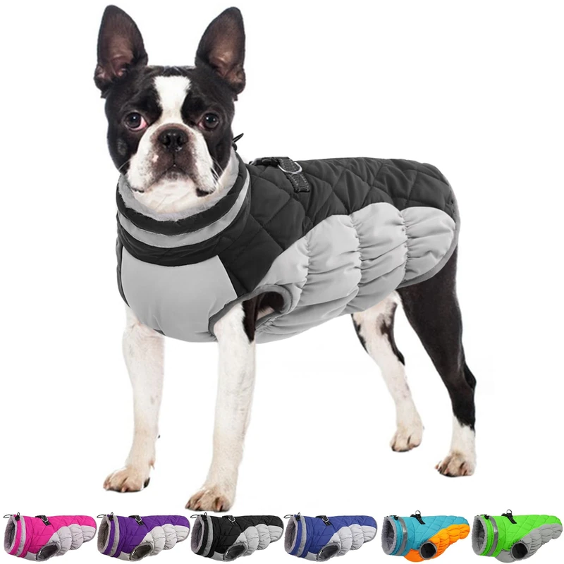 OUOBOB Dog Coat - Winter Jacket with Harness, Waterproof & Reflective, Windproof & Puffer, Black L