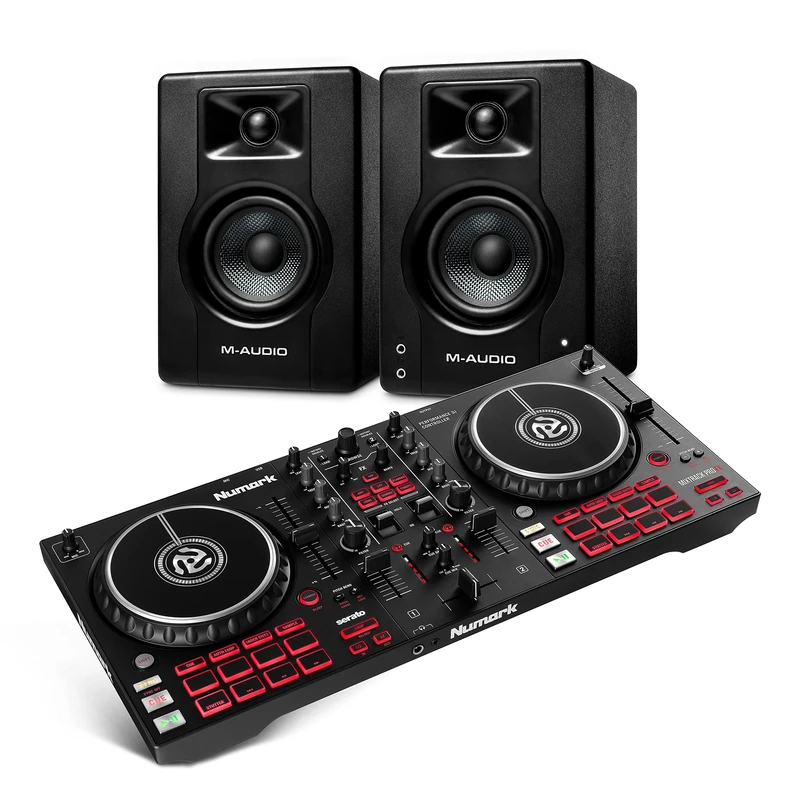 Numark Mixtrack Pro FX – 2 Deck DJ Controller with DJ Mixer, Built-in Audio Interface & M-Audio BX3 3.5" Studio Monitors, HD PC Speakers for Recording and Multimedia