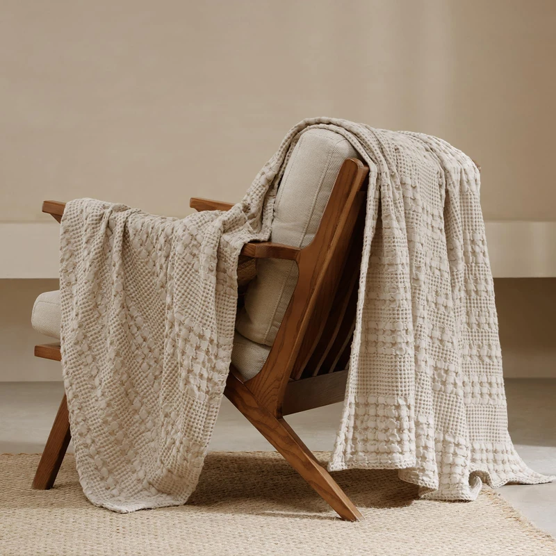PHF 100% Cotton Waffle Weave Throw Blanket - Luxury Decorative Soft Breathable Skin-Friendly Blanket for All Season - Perfect Textured Blanket for Couch Bed Sofa 50"x60"-Light Khaki/Linen - Image 1