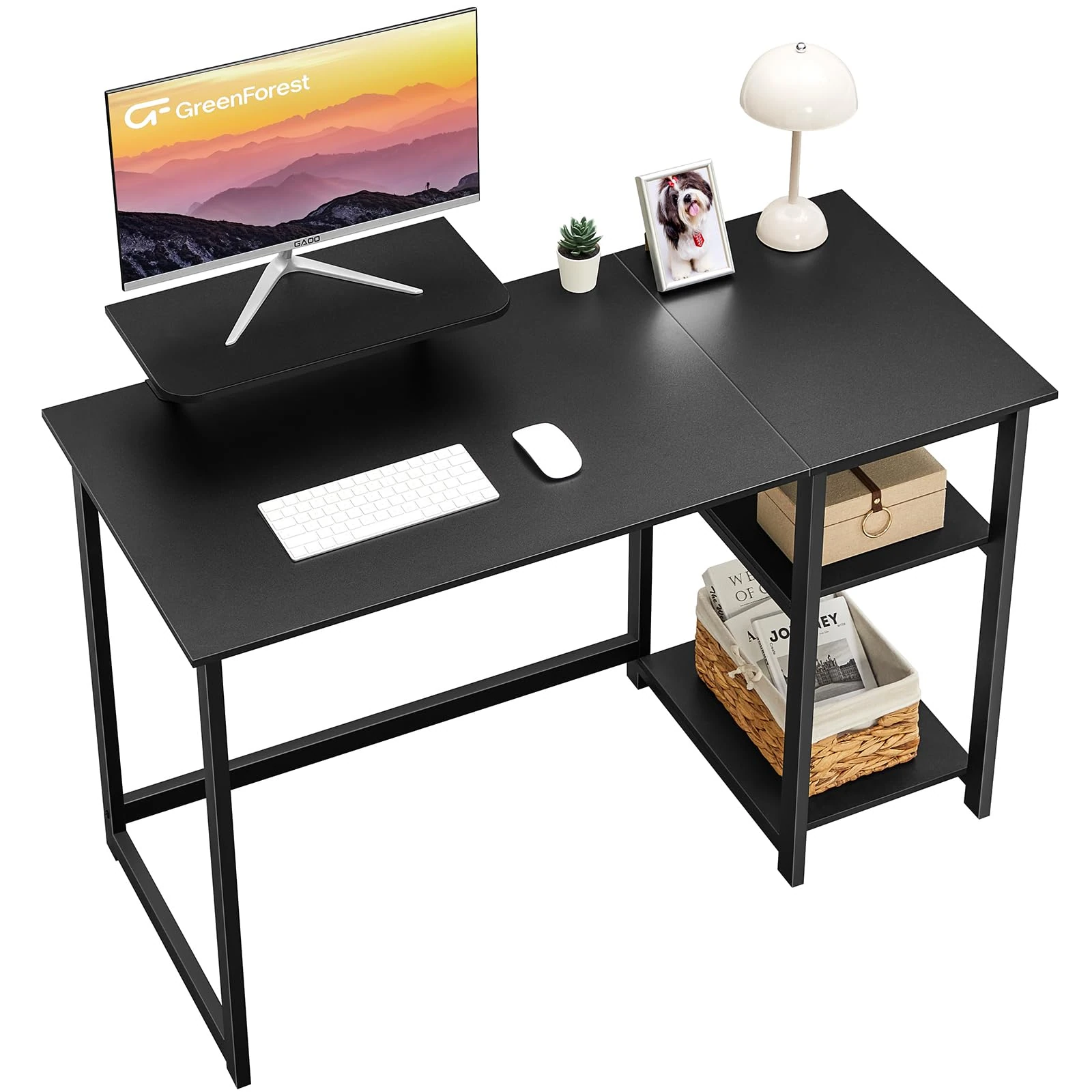 GreenForest Computer Desk with Monitor Stand,100cm Home Office Desk with Reversible Storage Shelves,Study Desk for Small Spaces,Black